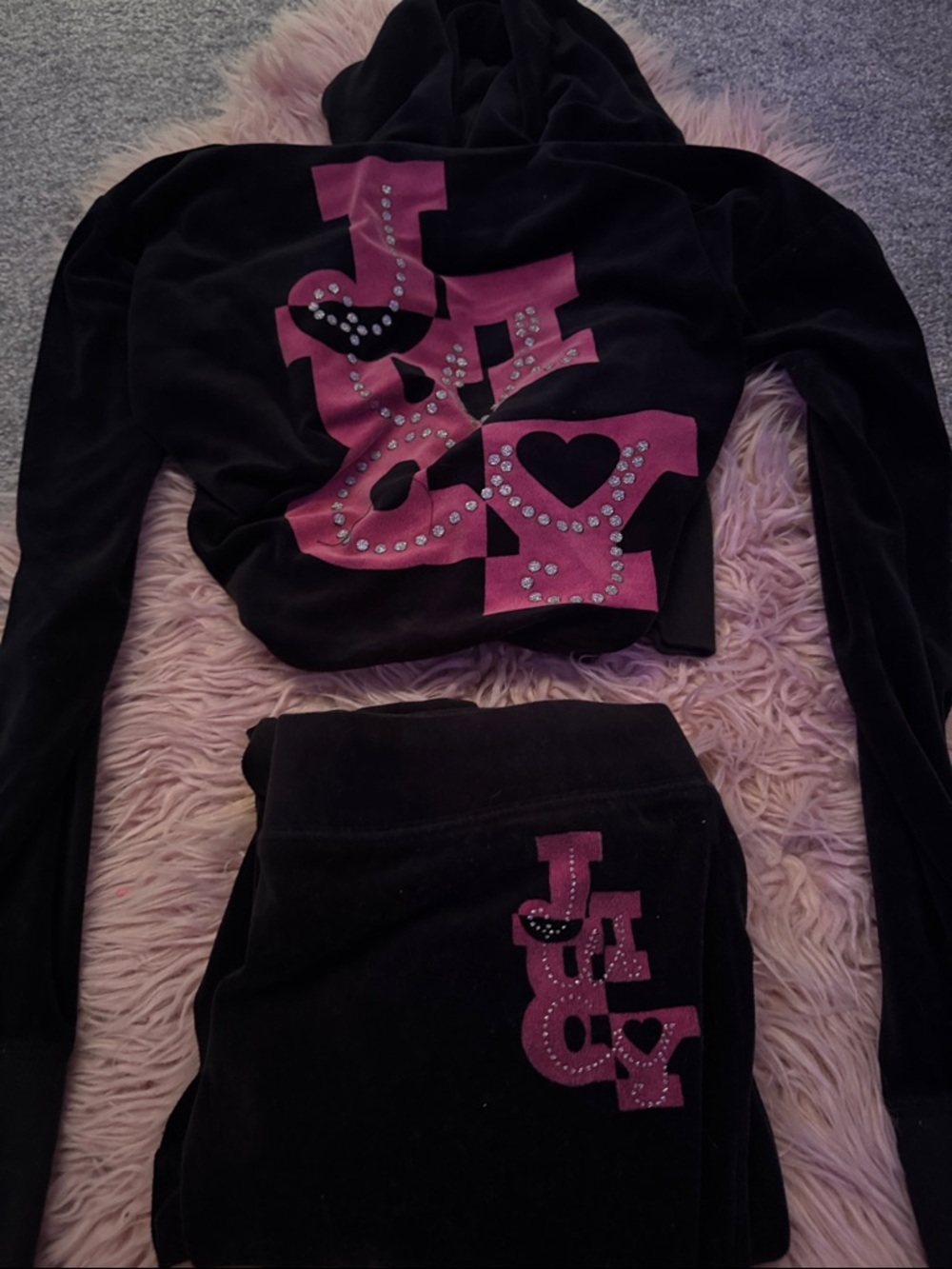 Juicy Couture Black Velvet Two-Piece Lounge Set with Pink Studded Love Graphic